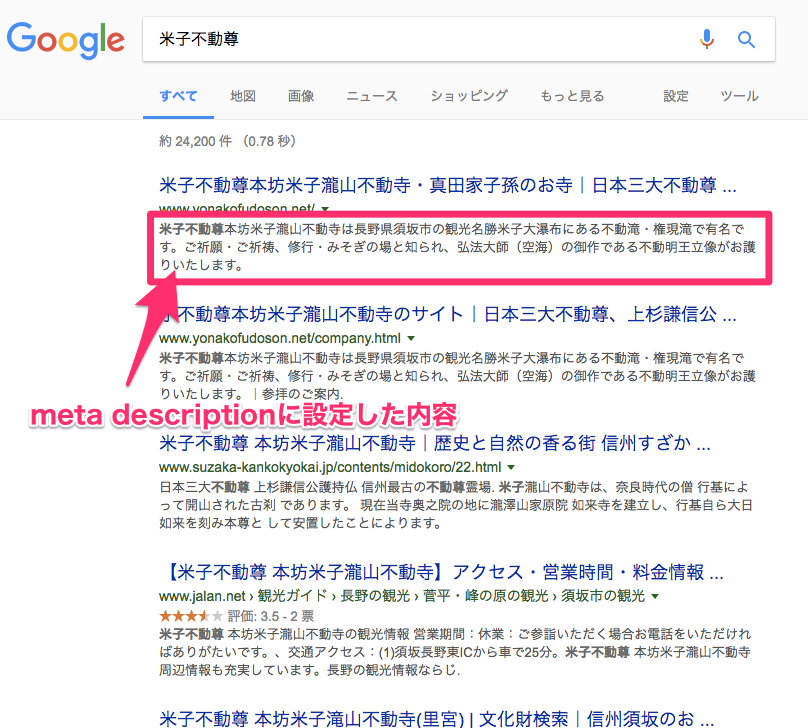 検索結果一覧に表示されるmeta description